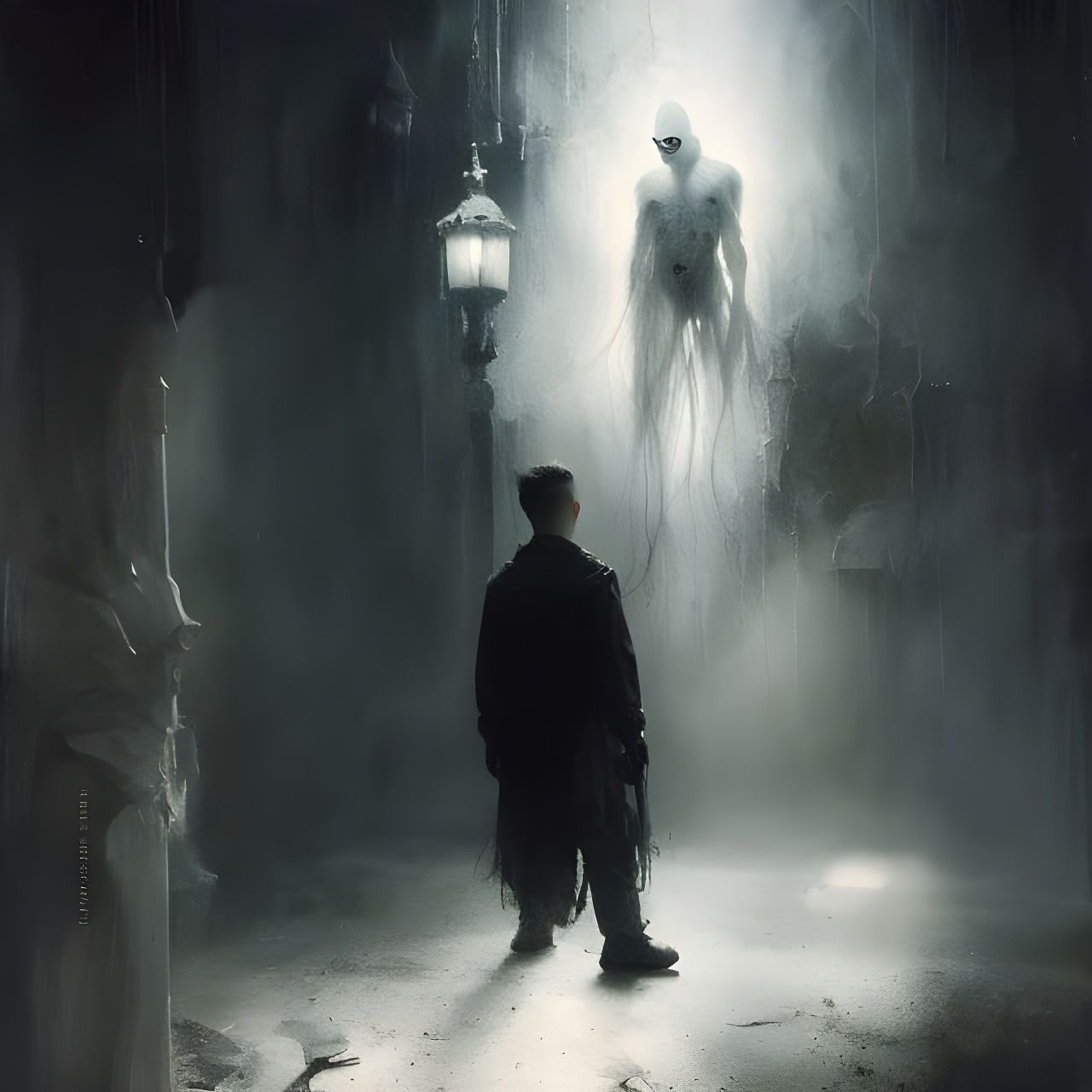 Sad Ghost in Dark Room, Colorful Oil Painting