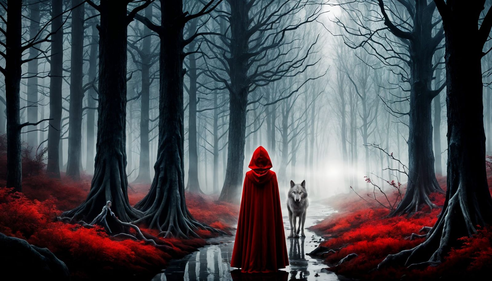 Girl in Red Cloak Faces Wolf in Misty Forest