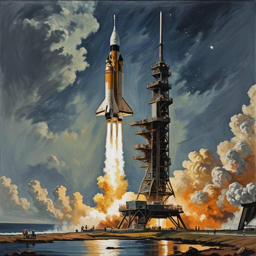 Apollo 11 Launch in Edward Hopper Style