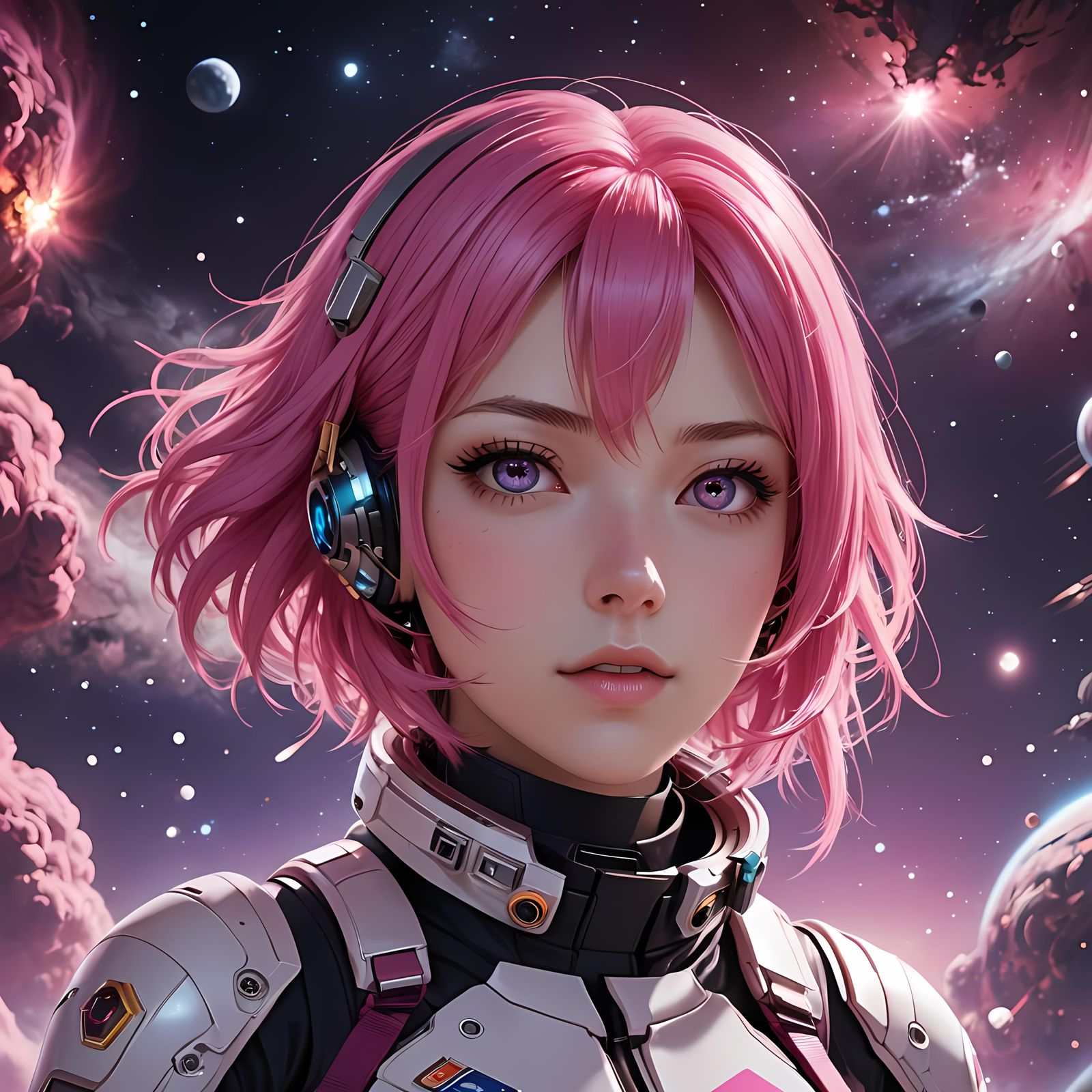 pink haired pink eyed girl in space
