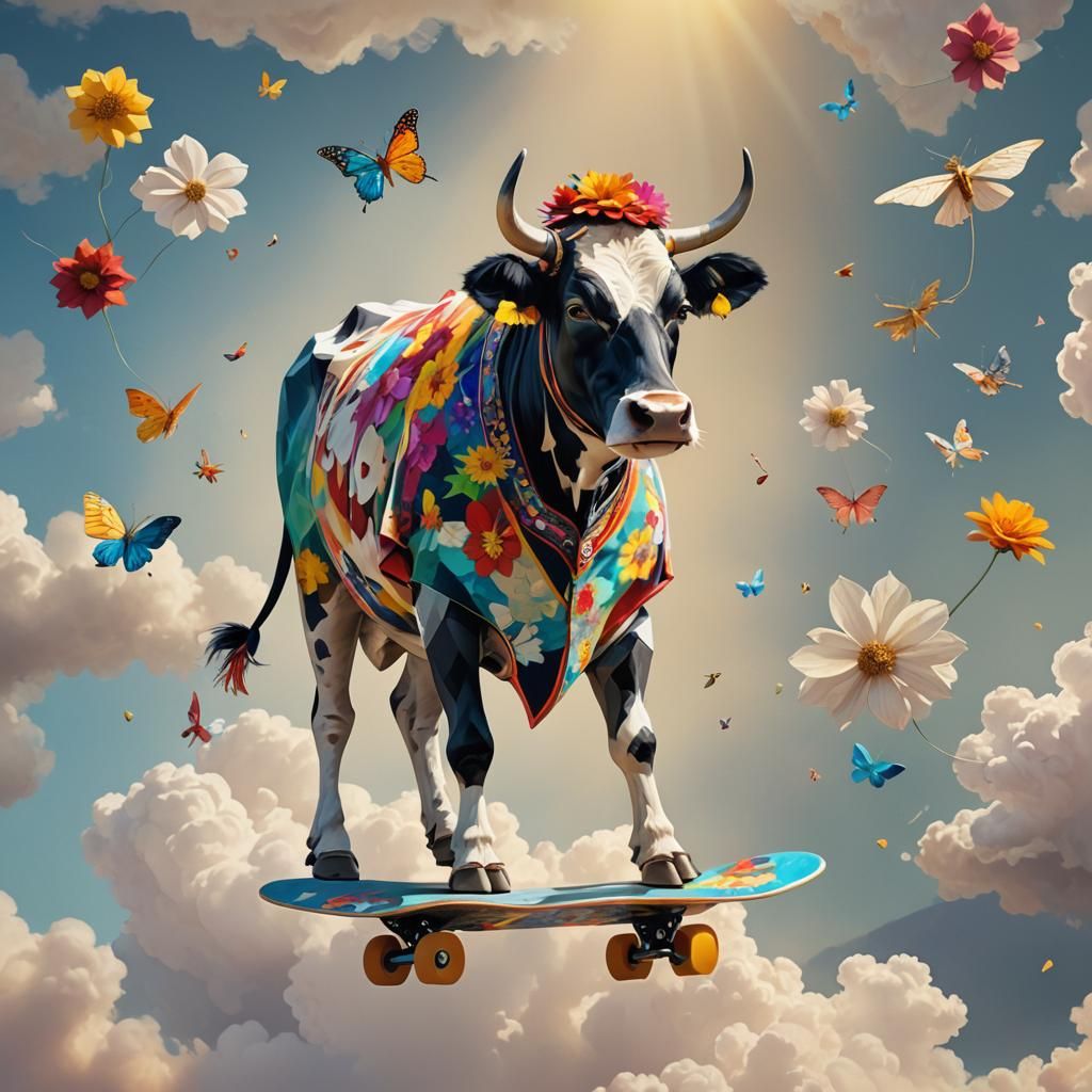 Surreal Cow on Skateboard with Winged Flower