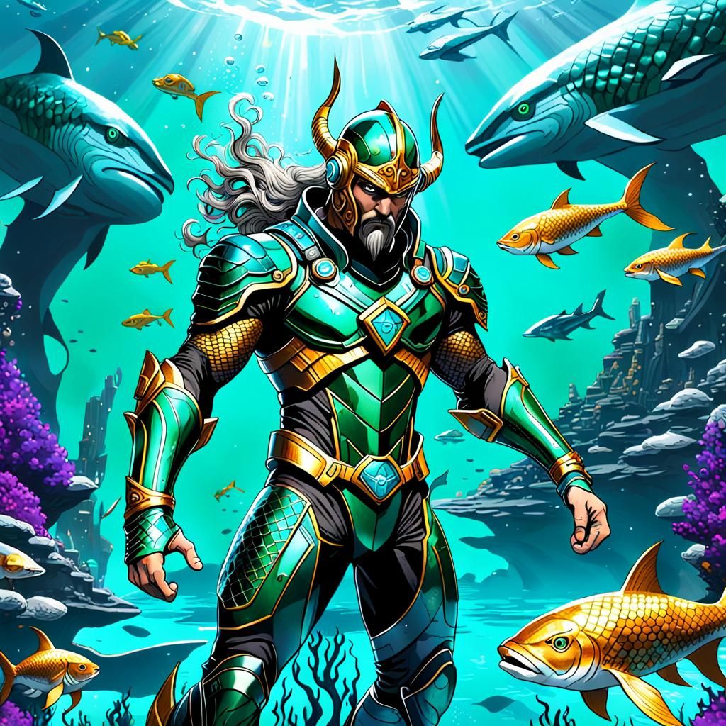 Futuristic Viking Soldier in Atlantis Battle, Synthwave Styl...