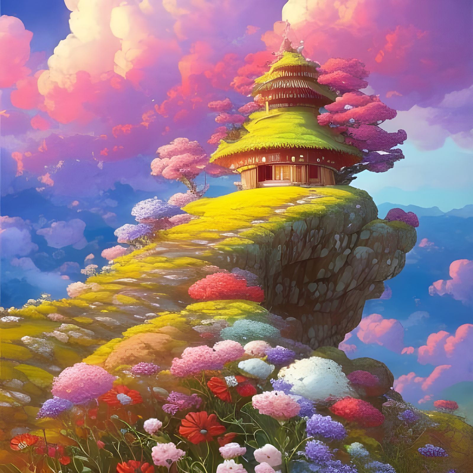 Fantasy Landscape with Whimsical Treehouse, Digital Art