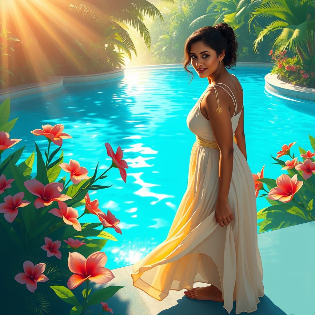 Sultry Summer Goddess by the Turquoise Pool