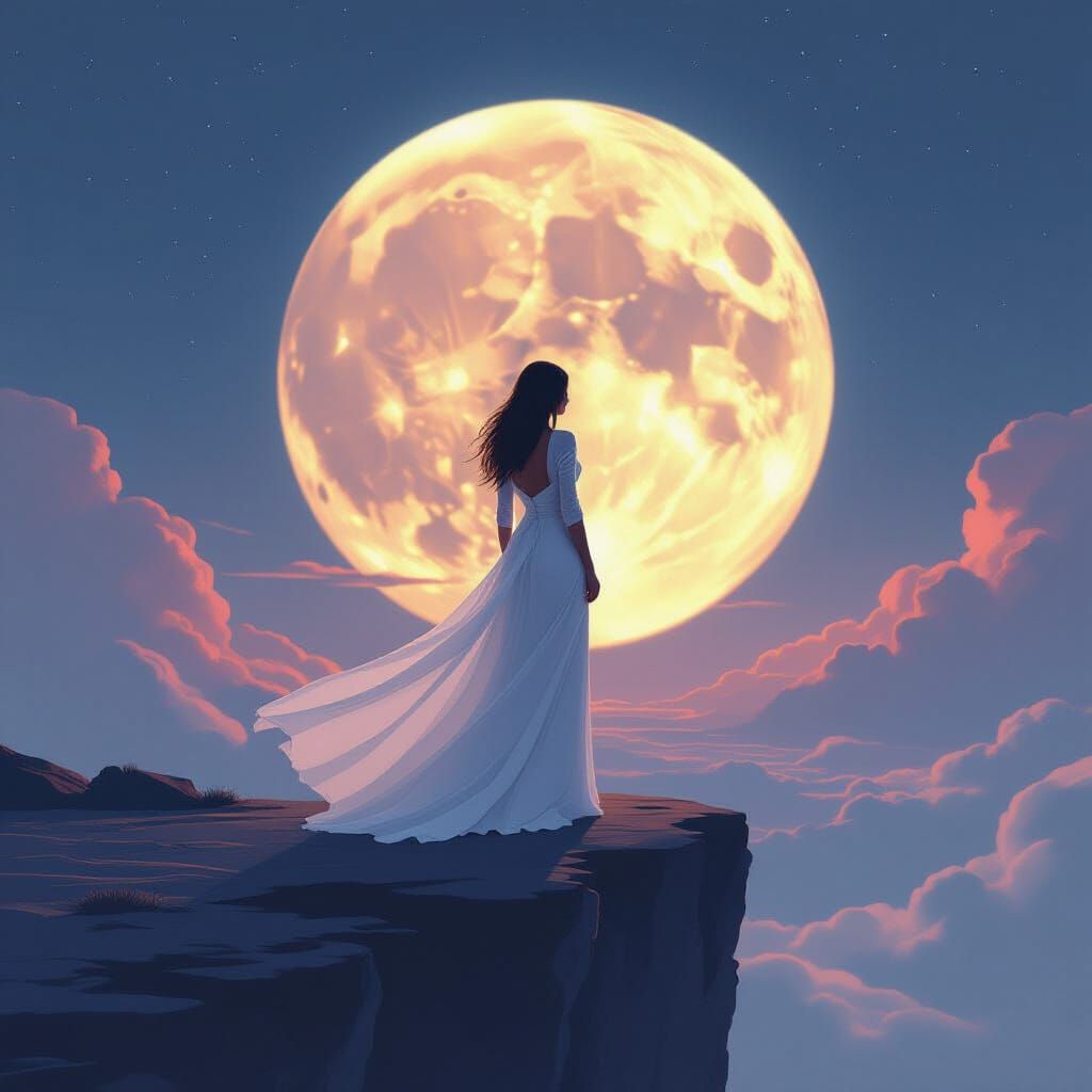 Ethereal Woman on Moonlit Cliff in Digital Art