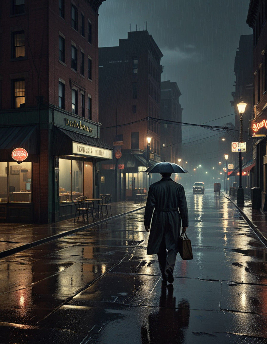 Neo-Rockwellian Street, Nighthawks style, rainy, 1950s, dark, windy, lonely person walking home