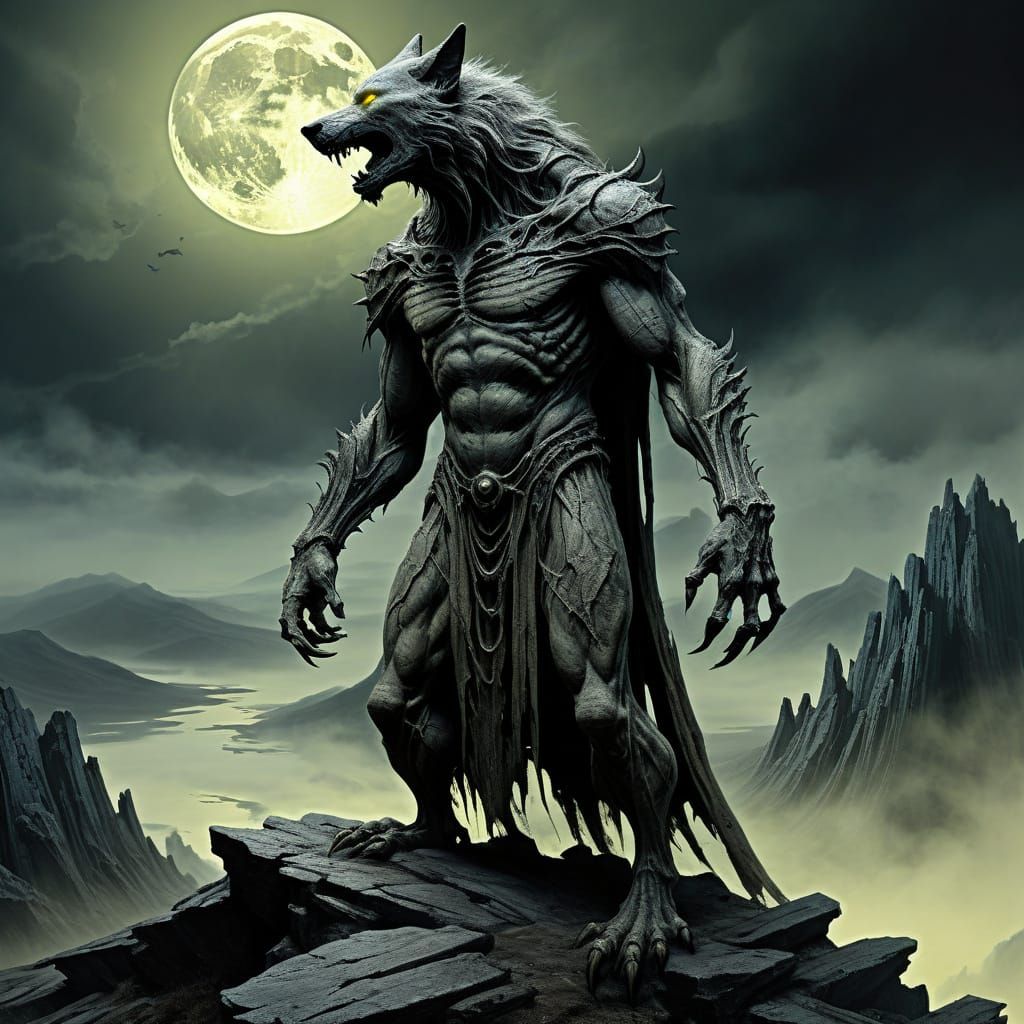 Dark Fantasy Banshee-Werewolf Hybrid under Full Moon