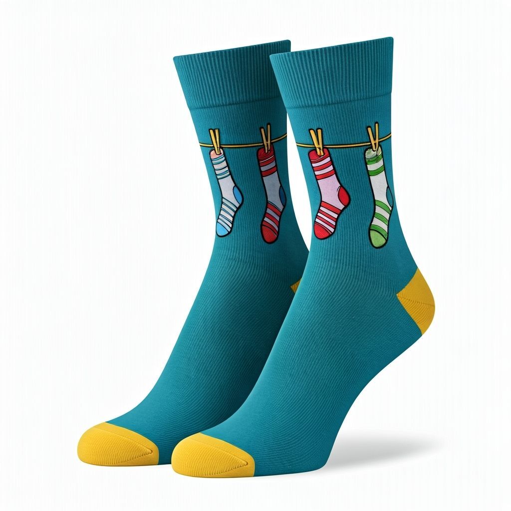 A pair of socks with a design of a washing line of socks