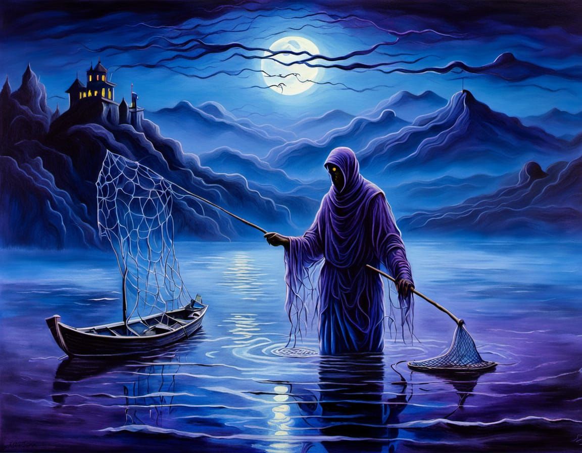 Ethereal Ghost Fisher on Moonlit Lake: Surreal Oil Painting