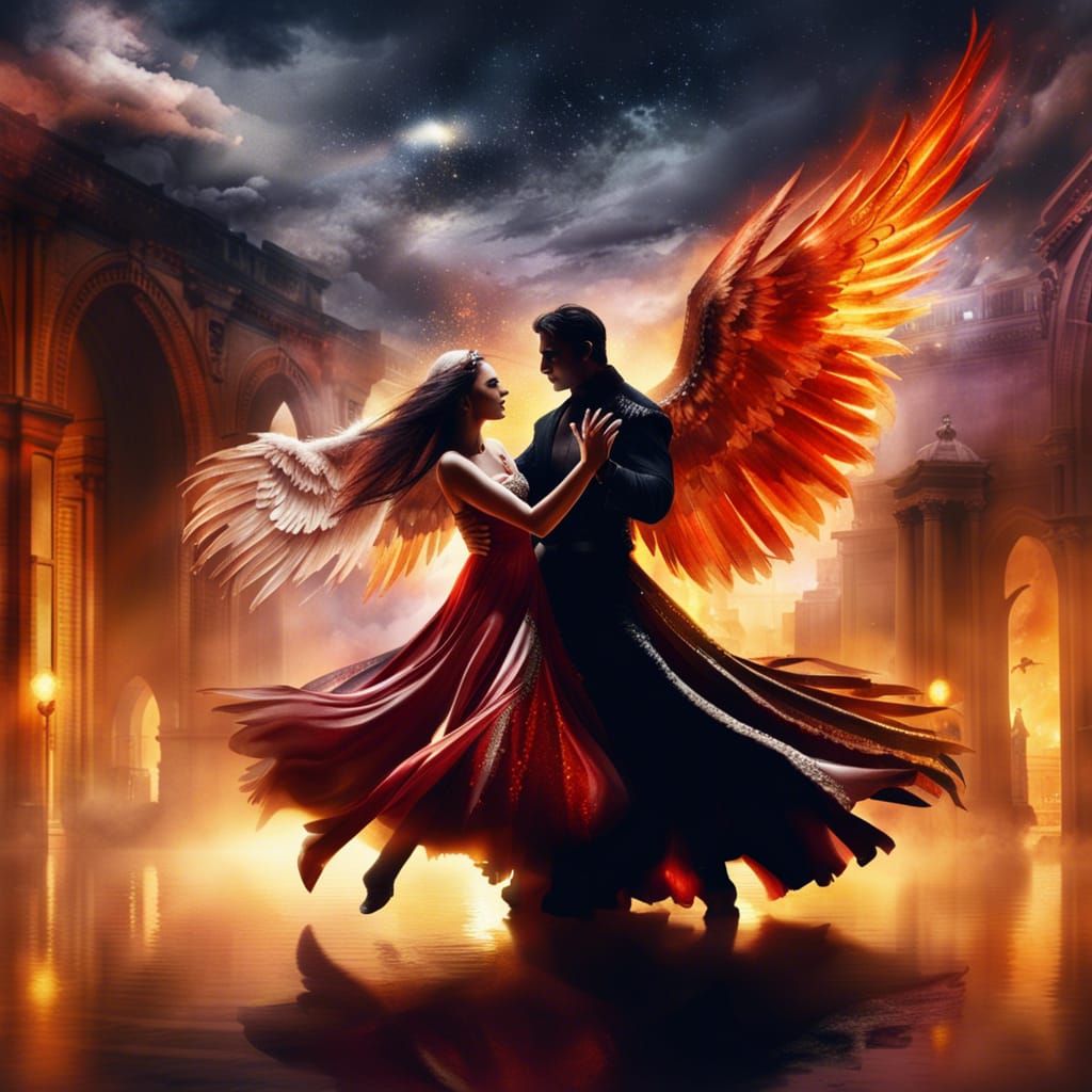 Dancing Dark Angels: Hyperrealistic Scene