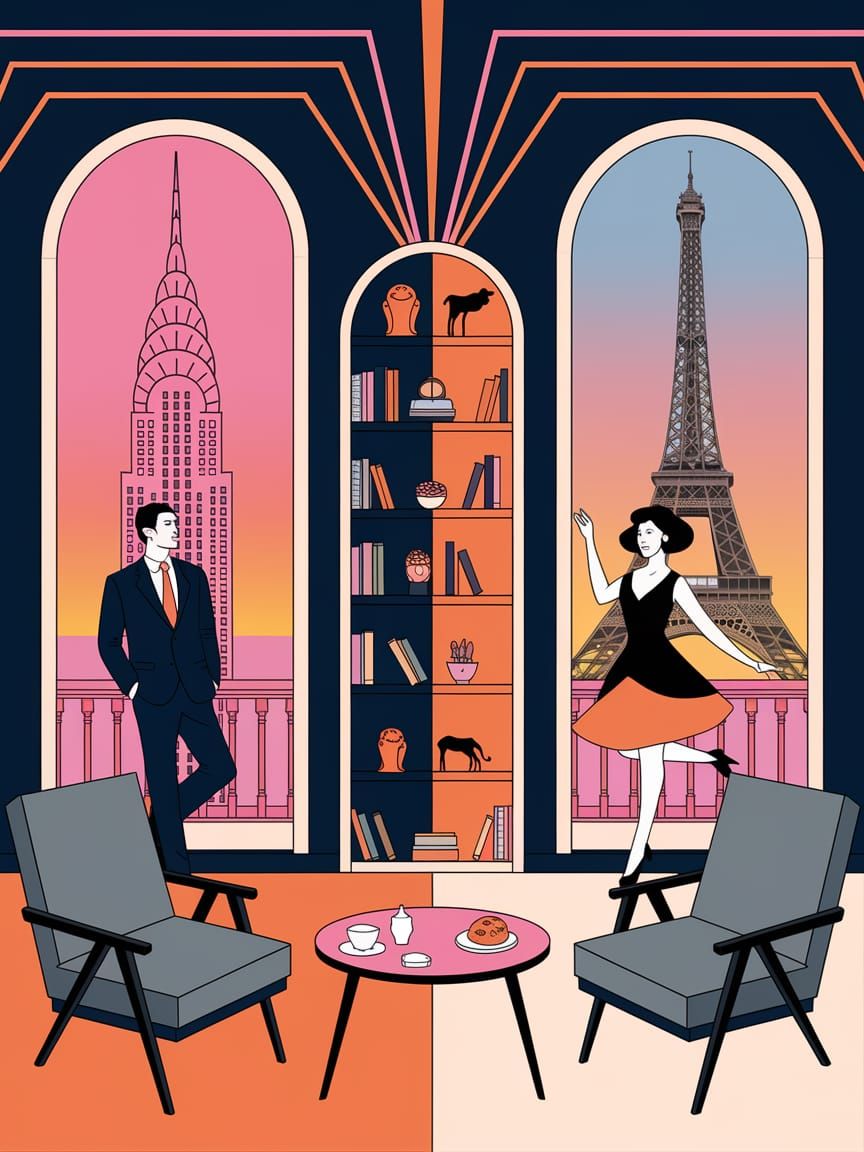 Man and Woman Enjoy Sunset View in Split-Room with Art Deco ...