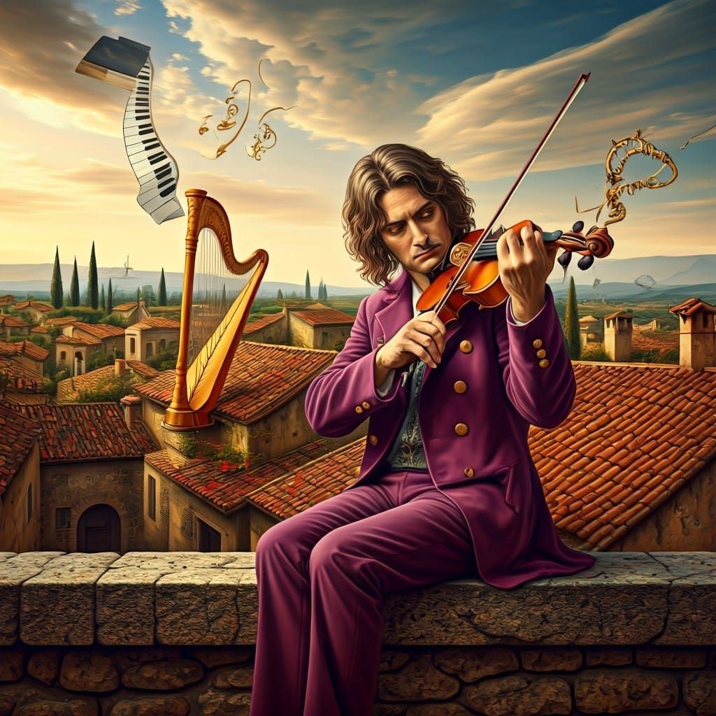 Surreal Rooftop Violinist in Dali-esque Landscape