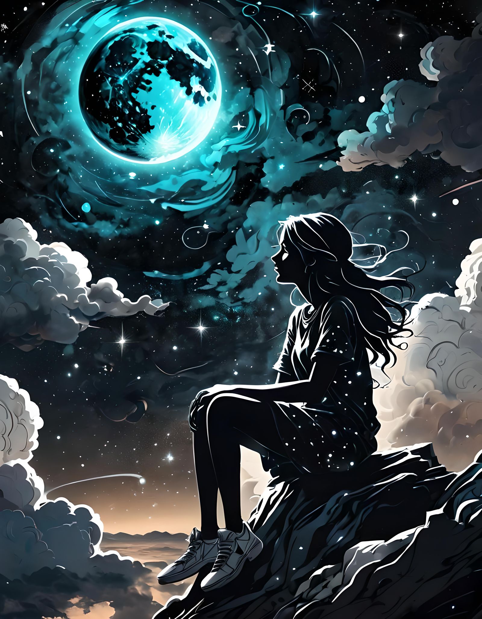 Double Exposure of Girl with Night Sky, Graffiti Art