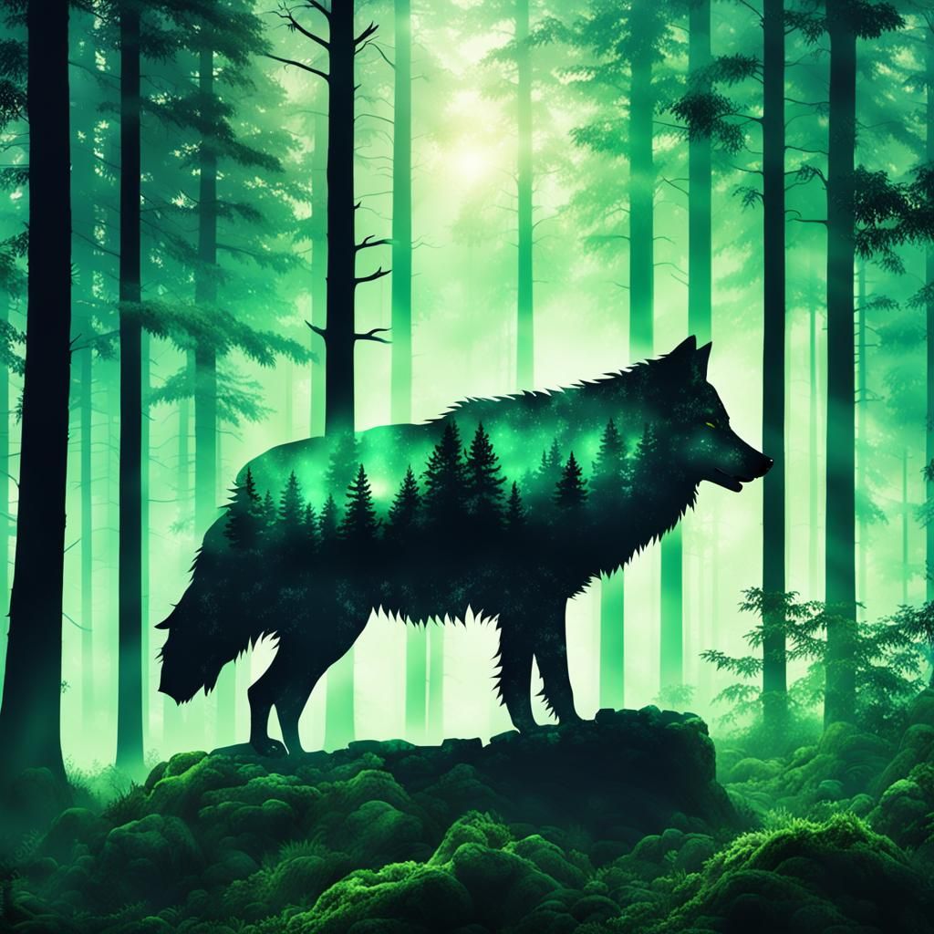 Wolf Silhouette in Double Exposure Forest