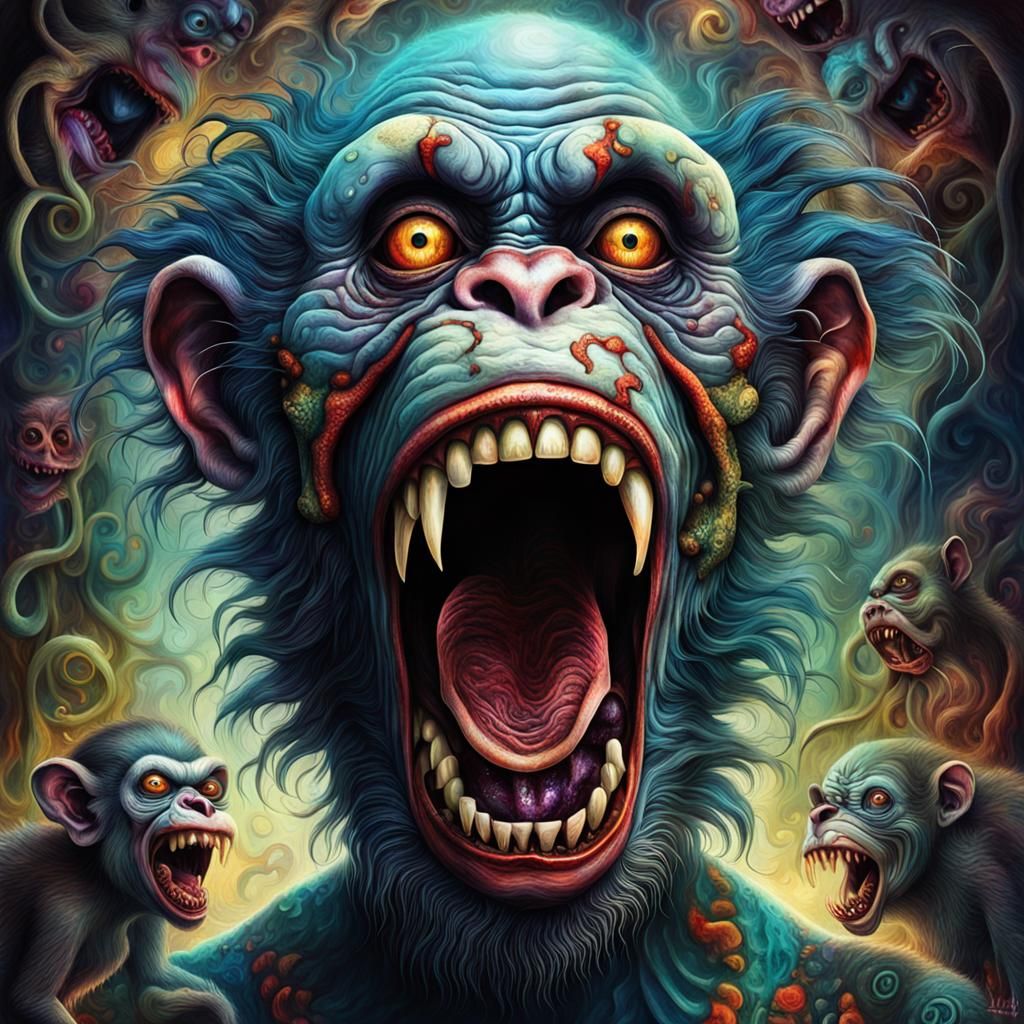 Bio Art Hybrid Masterpiece: Zombie Monkey Clown in Infinite....