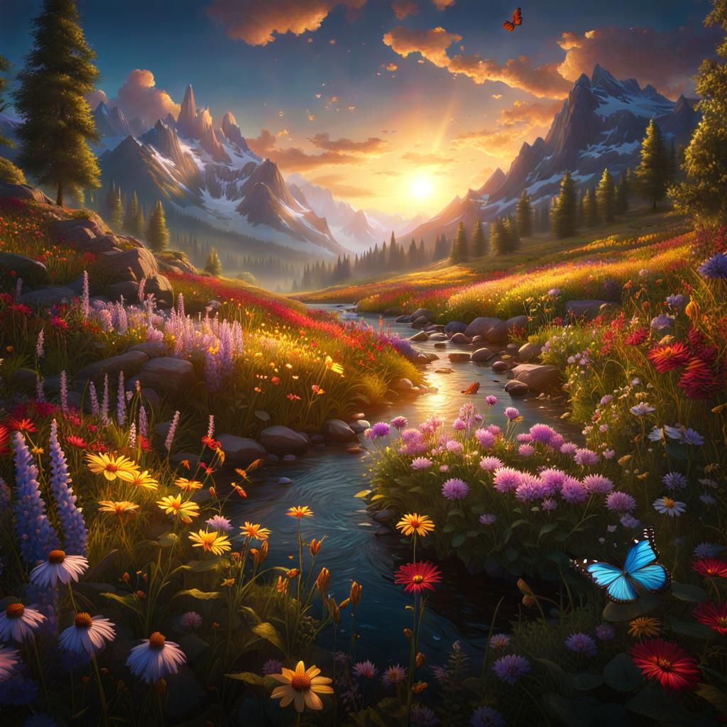 Fantasy Flower Meadow with Golden Light