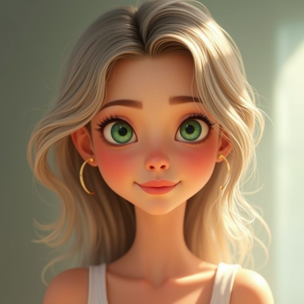 Pixar-Inspired Young Woman with Porcelain Face and Green Eye...