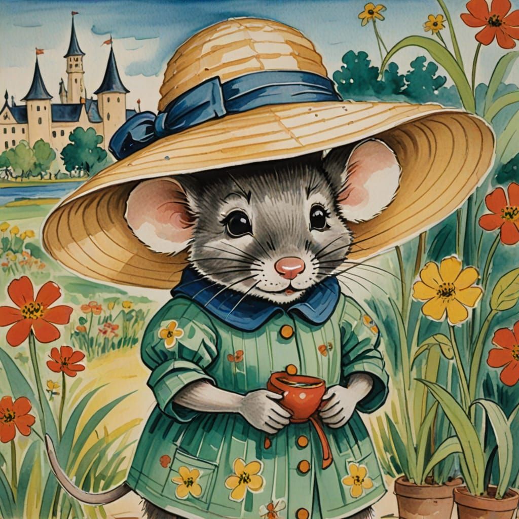 Mouse in Hat, Ludwig Bemelmans Style Painting