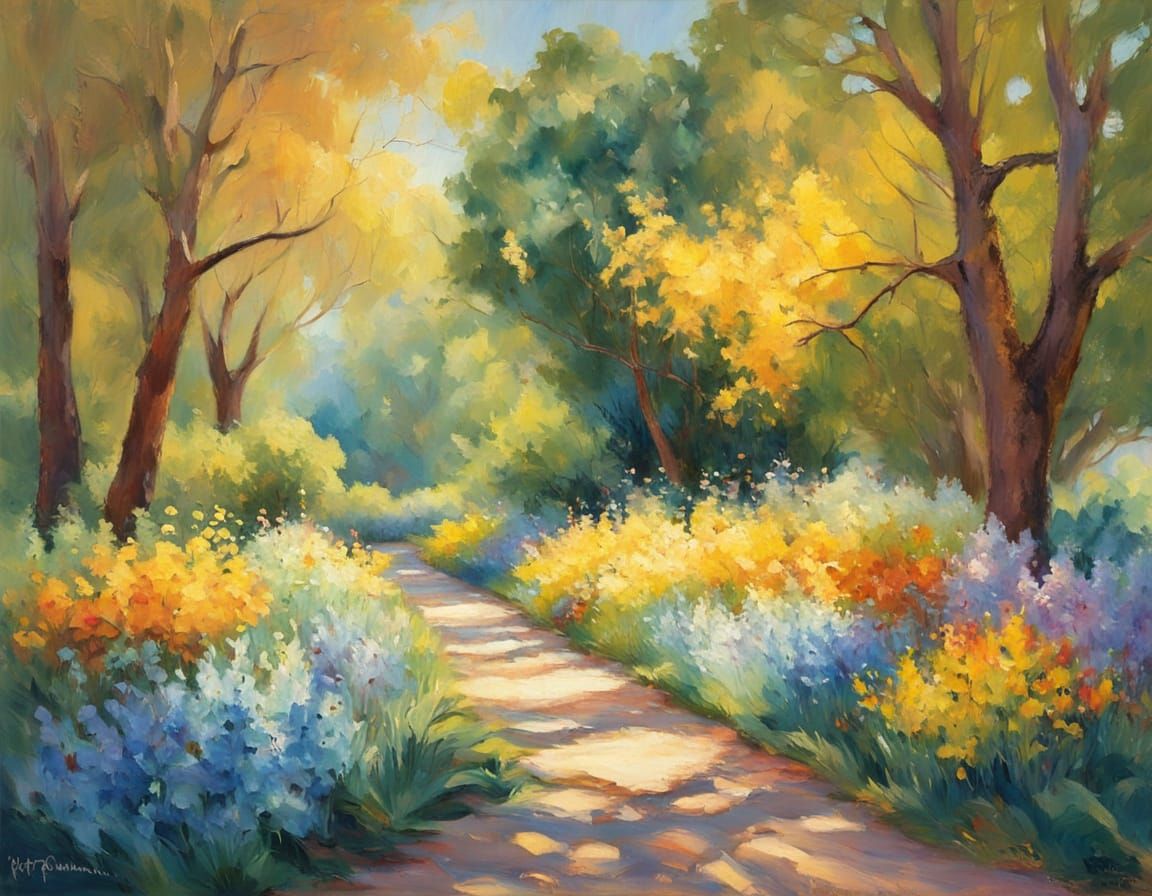 Impressionist Garden Park Walkway in Renoir Style