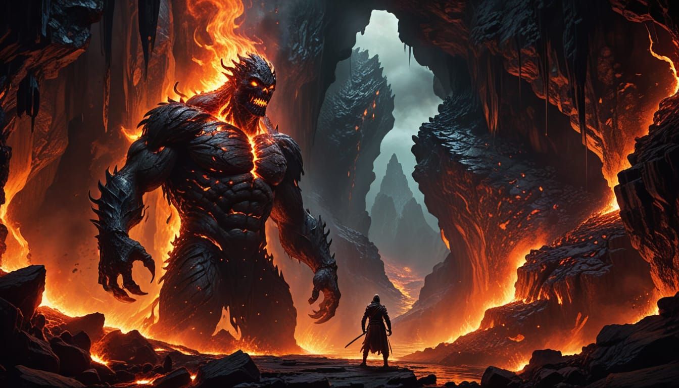 Giant in Hellish Underworld: Dark Fantasy Art
