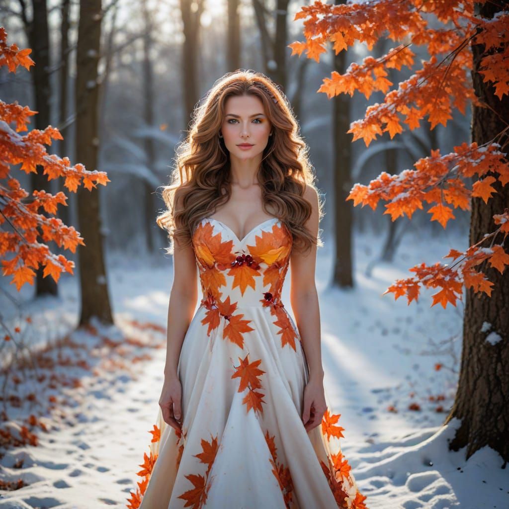 Elegant Woman in Maple Leaf Gown in Winter Woodland