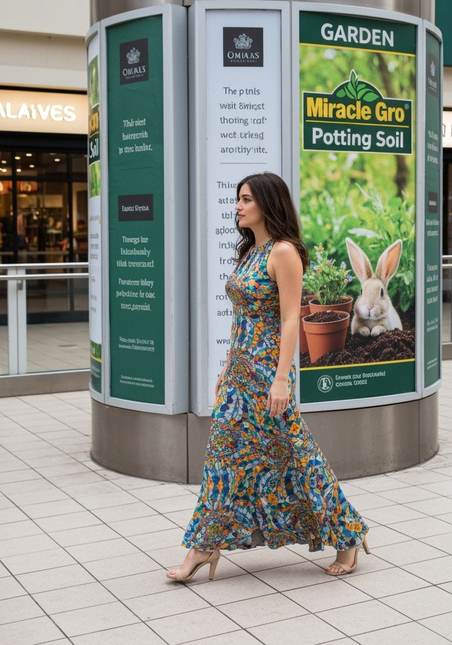 Woman in Optical Illusion Dress at Mall