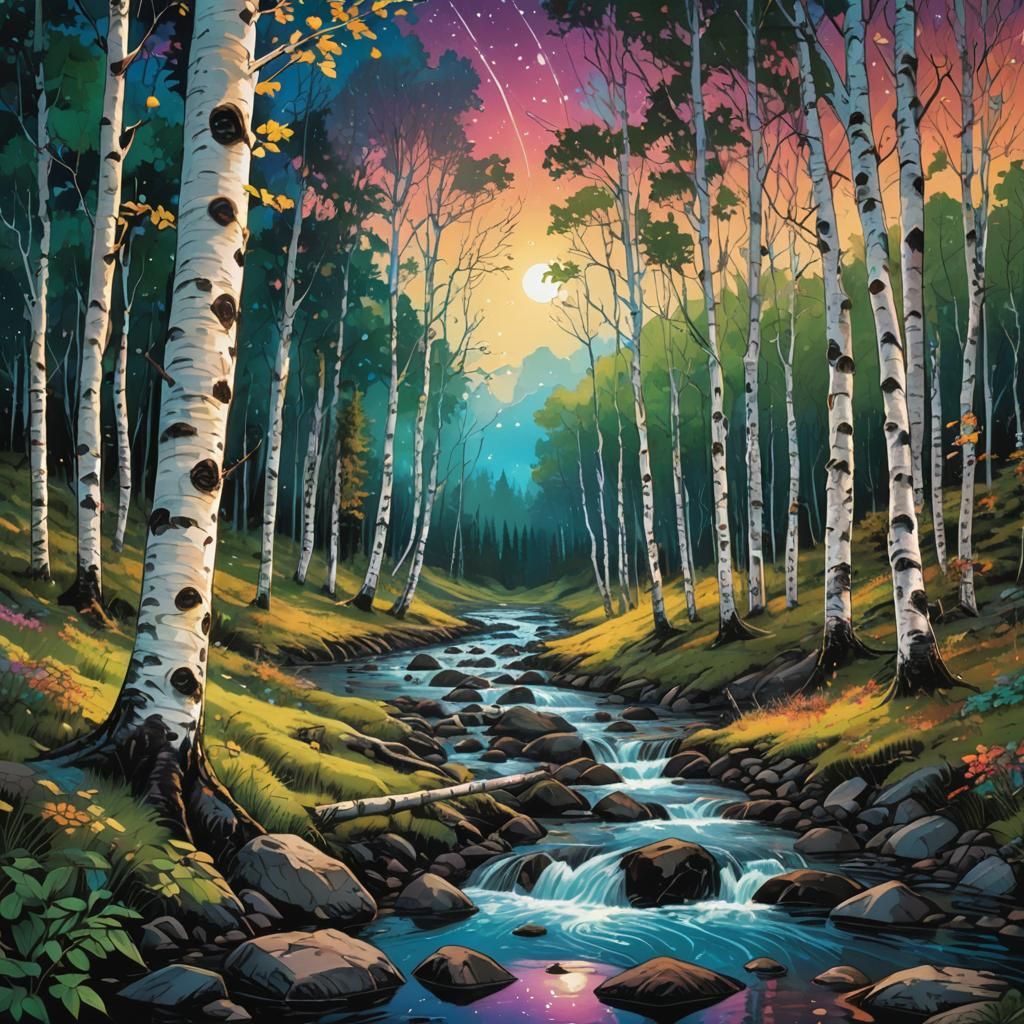 Native American Elder in Starry Birch Forest