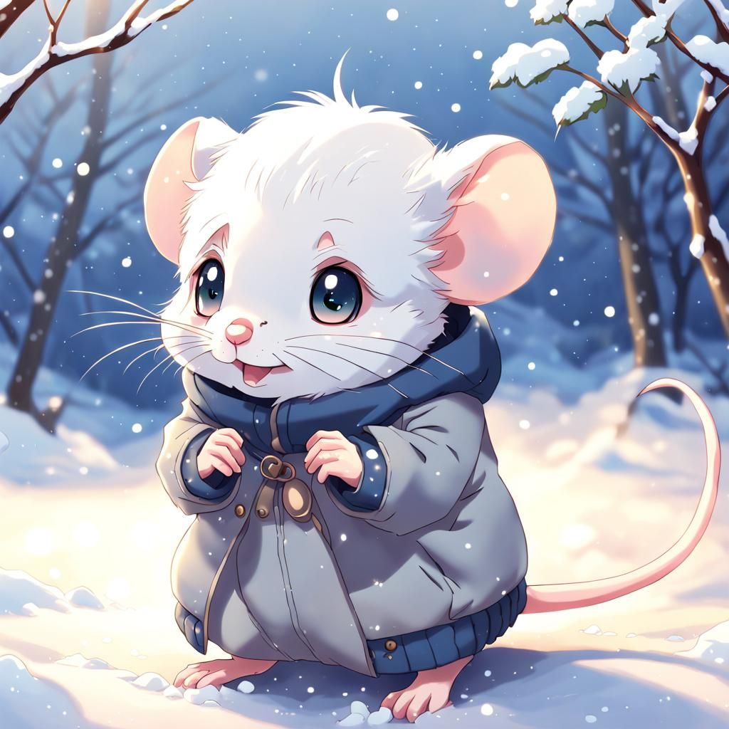 Cute Rat in Light Snow, Anime Style
