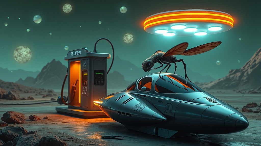 Alien Gas Station with Flying Attendant: 3D Render