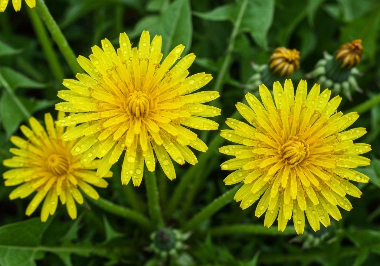 Dandelion Flowers with Water Droplets: Photorealistic Close-...