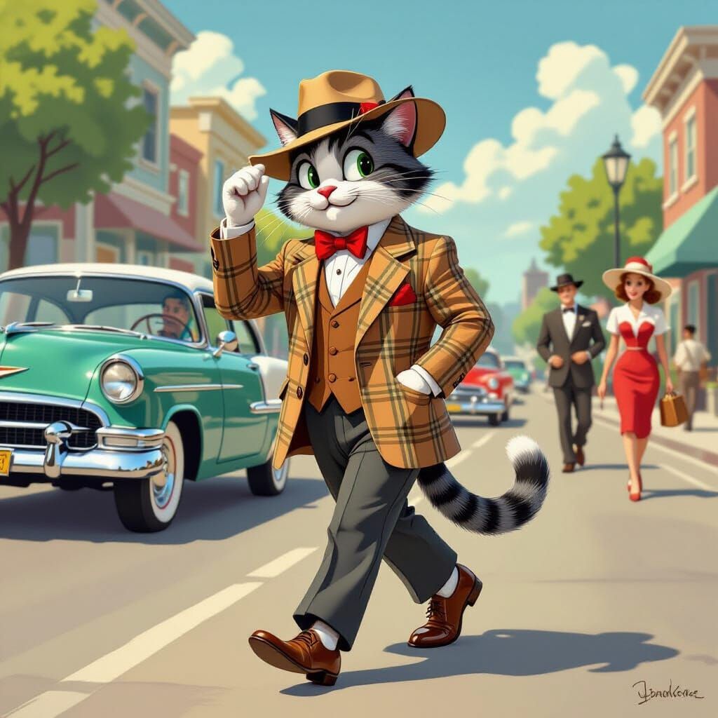 Dapper Cat Gentleman in 1950s Cartoon Style