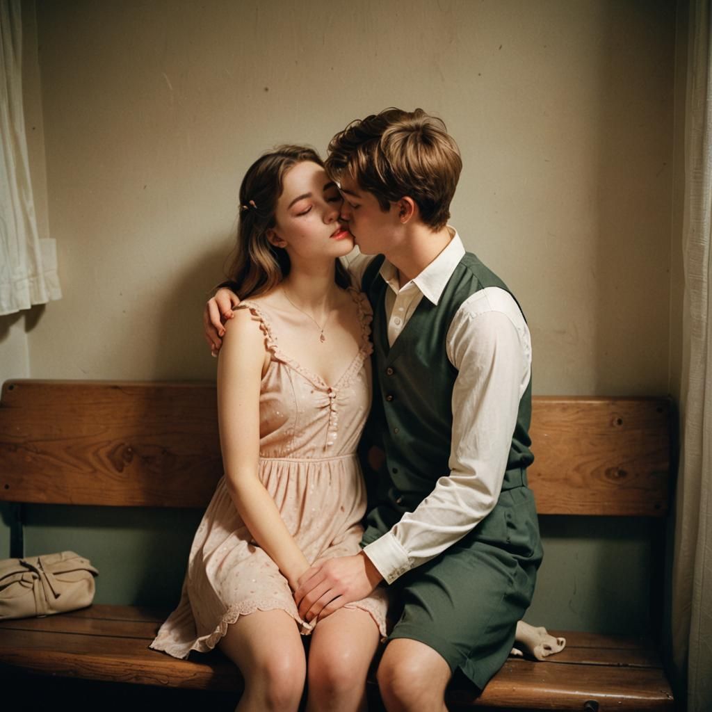 Young Woman Kisses Boy in Dress: Fashion Magazine Aesthetic