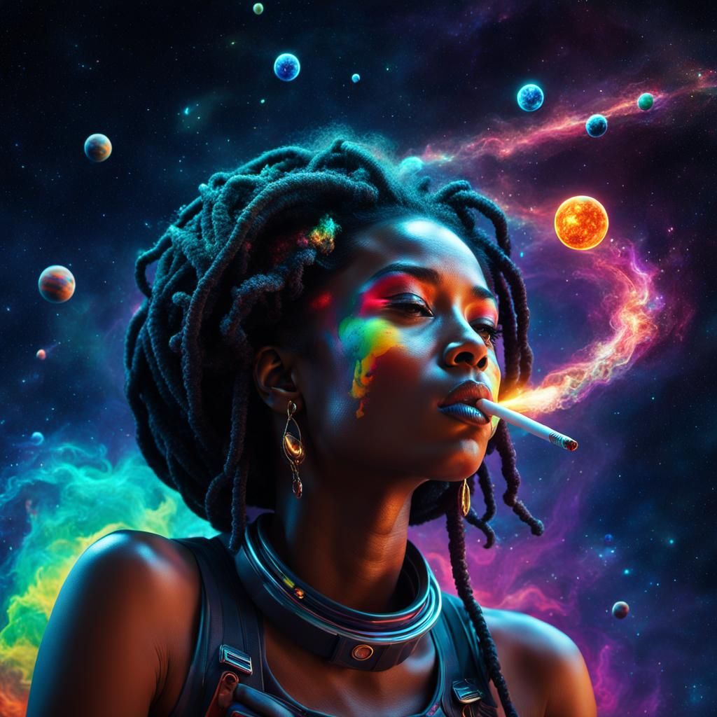 space cosmetic art, 3D image, 35 years old Rastafarian woman...