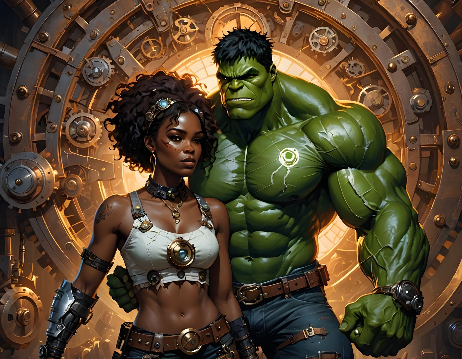 Steampunk Hulk with Woman in Fantasy Art Style