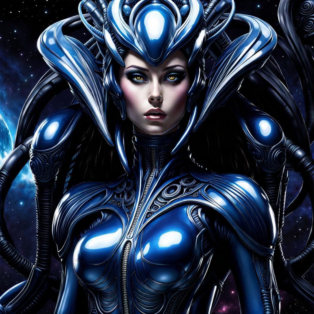 Cosmic Alien in Latex Costume, Detailed Digital Art