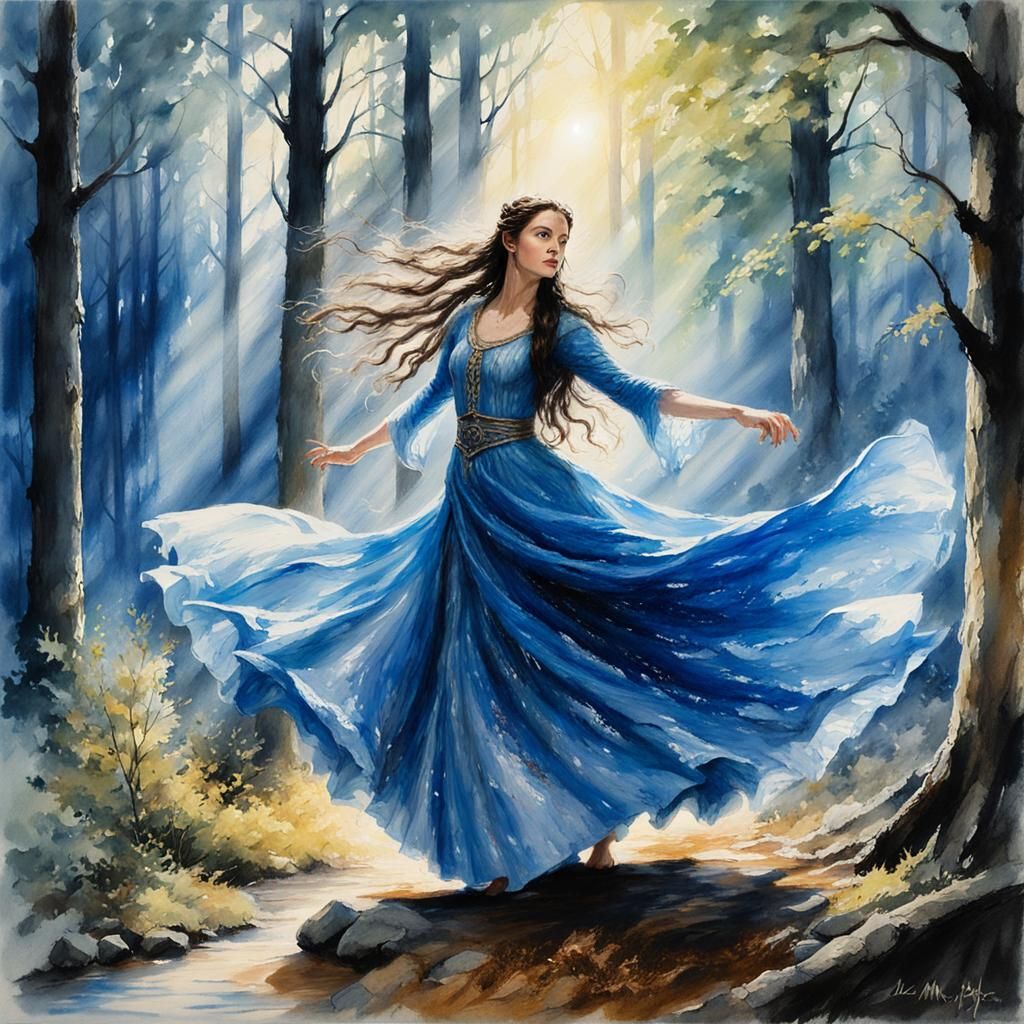 Woman Dancing in Forest, Impressionist Gouache Painting