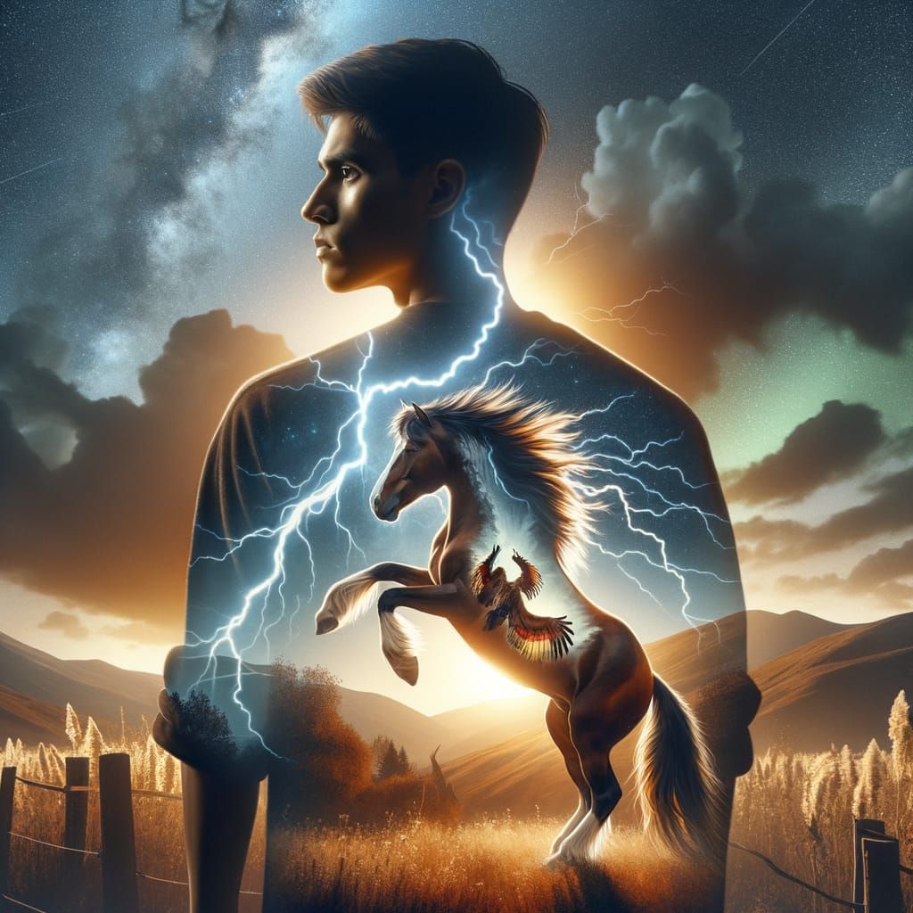 Stallion and Lightning Double Exposure in Oil Paint