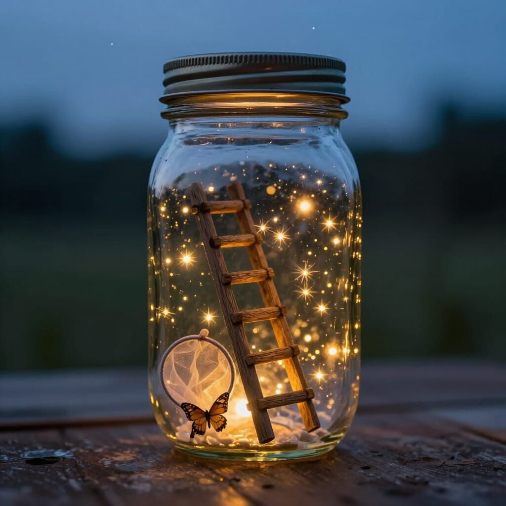 Magical Mason Jar Filled with Golden Lights at Twilight