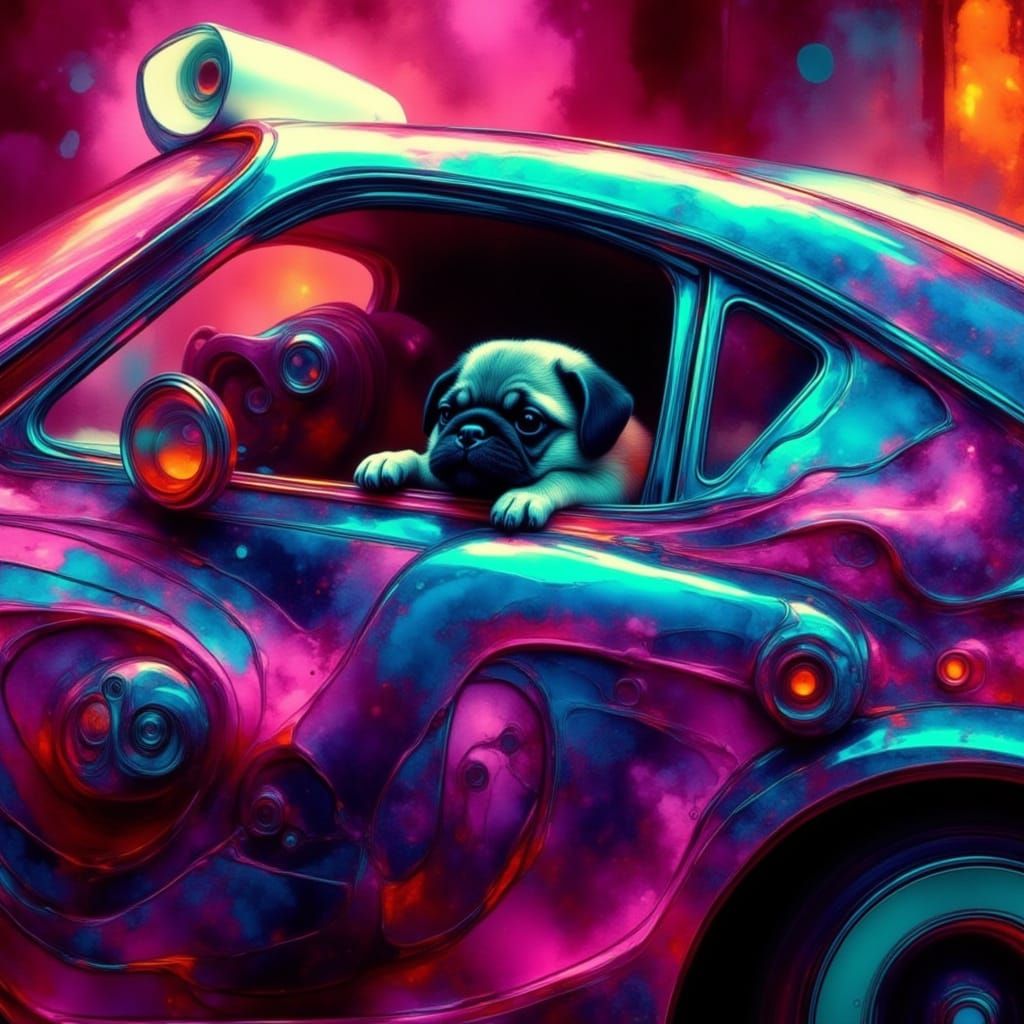 Pug in Retrofuturistic Lowrider Car, Neon Grunge Style