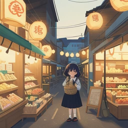 Woman in Town Market: Manga-Style Line Art