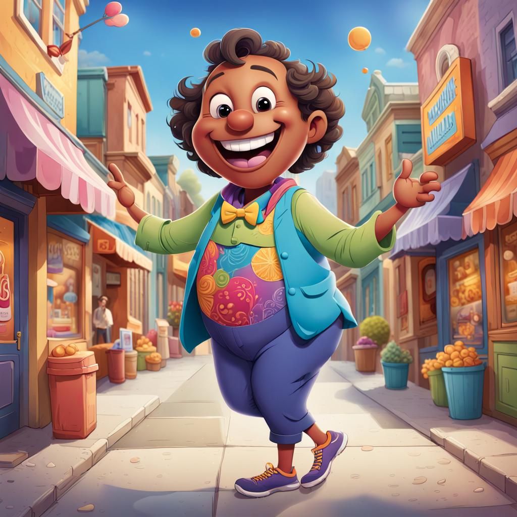 A vibrant cartoon character  joyfully laughing