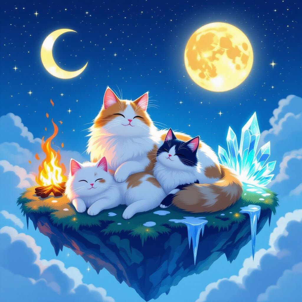 Magical Cats Lounging on Floating Island in Anime Style