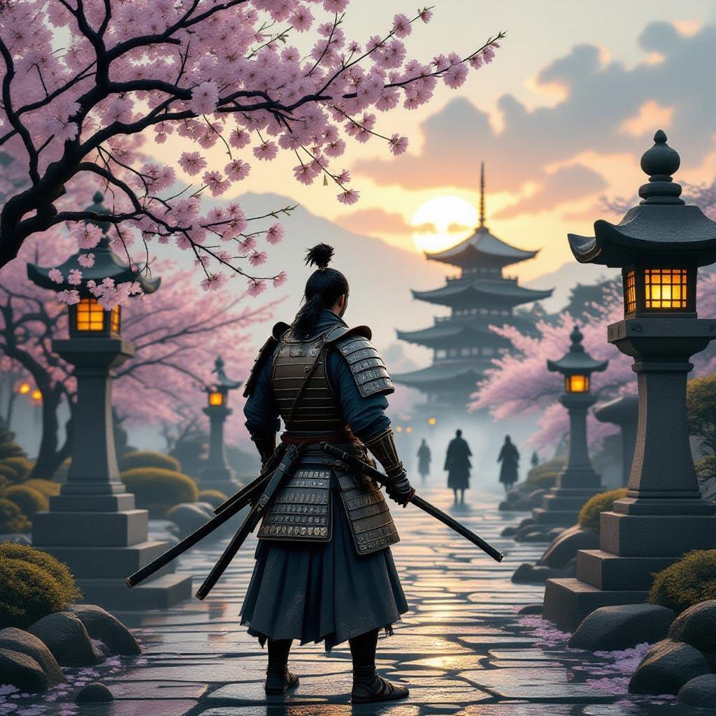 Lone Samurai in Misty Japanese Garden at Sunset