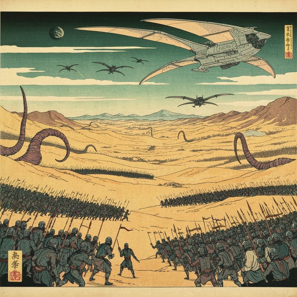 Vivid ukiyo-e style Futuristic Dune Empire..  a great battle...