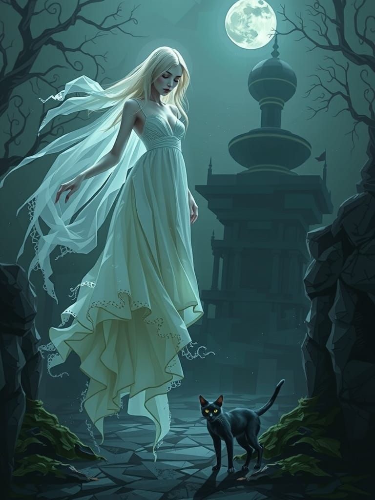 Neo-Cubist Ghost Bride and Feline Companion in Dreamlike Abs...