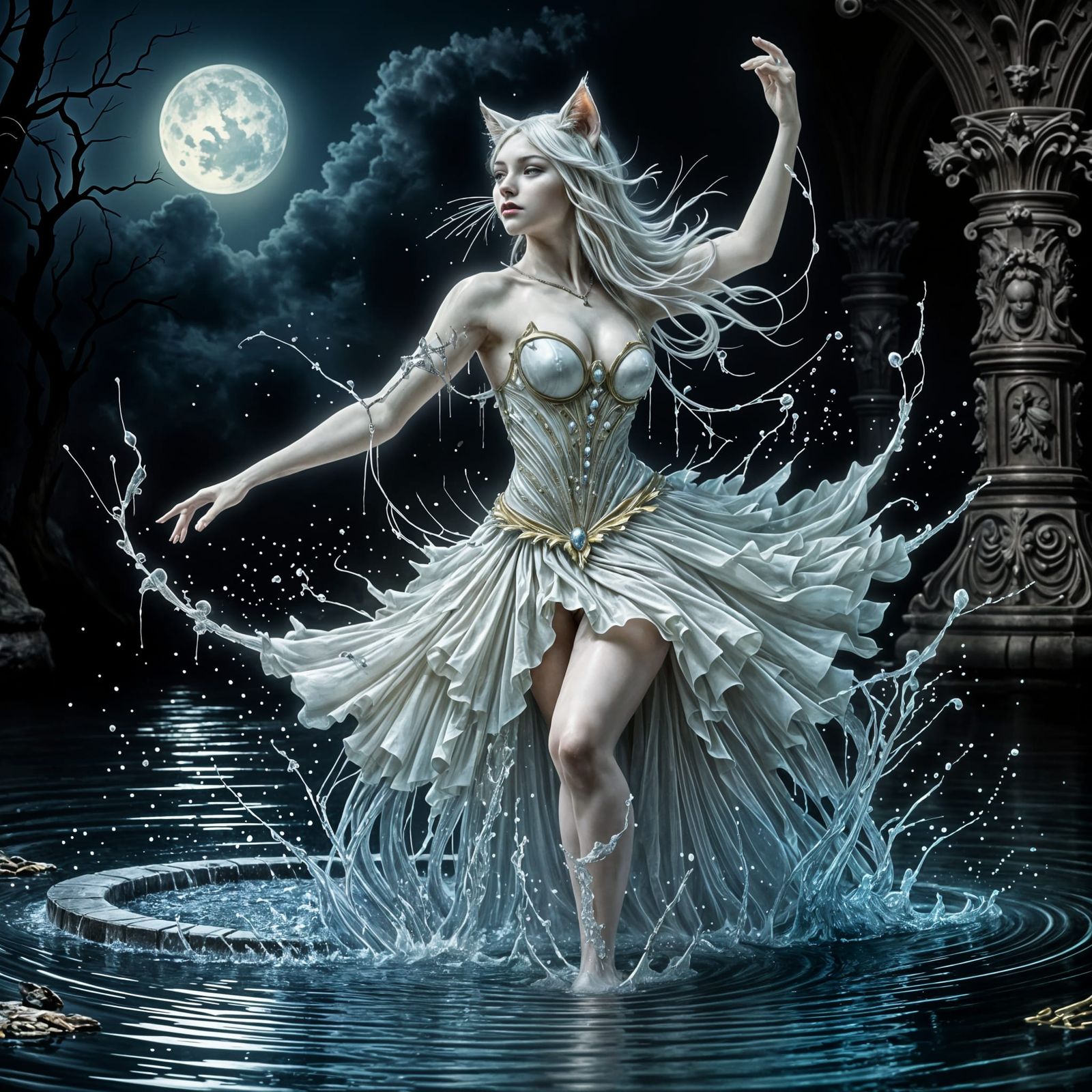 Elegant Cat Woman's Moonlit Water Ballet