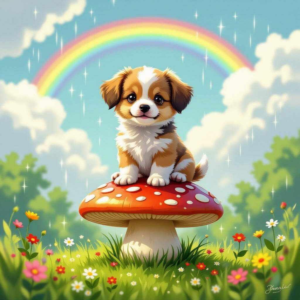 Adorable Puppy on Whimsical Mushroom After Rain