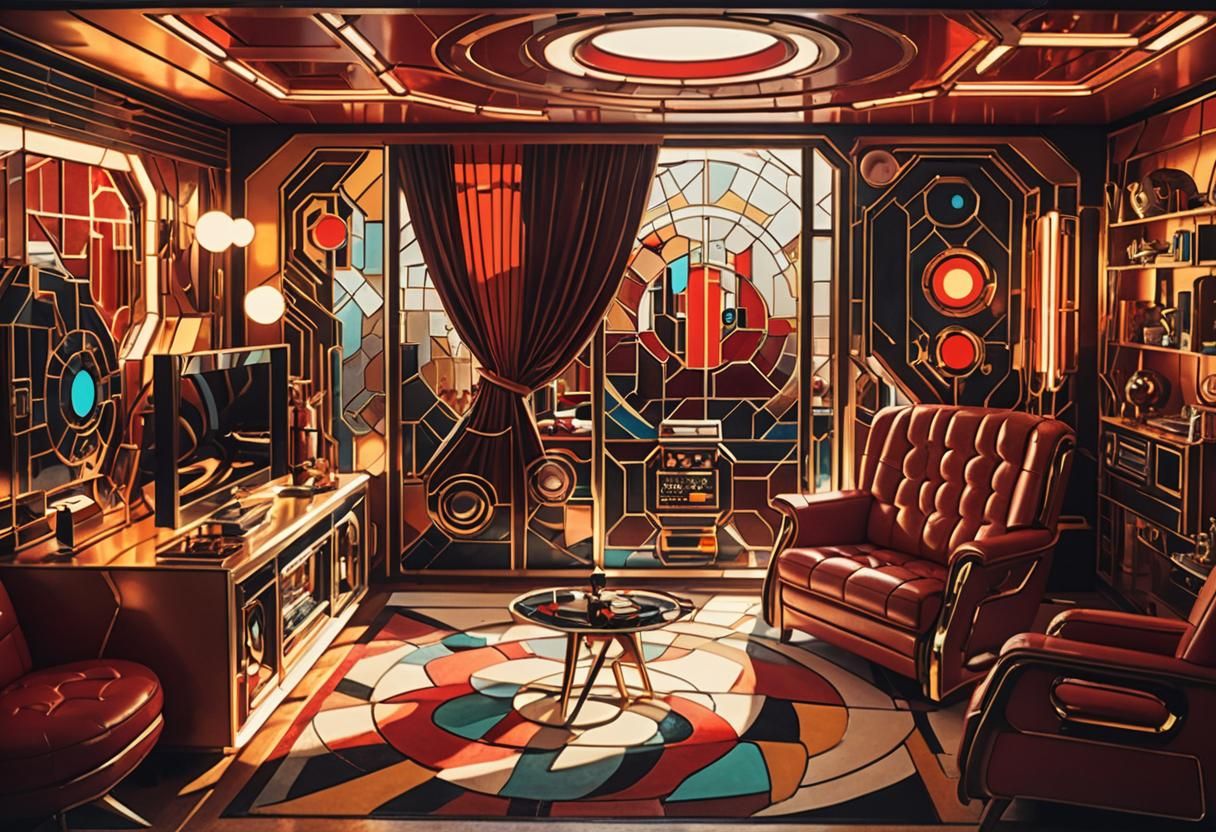 Atomica Retro-Futurism Living Room with Stained Glass