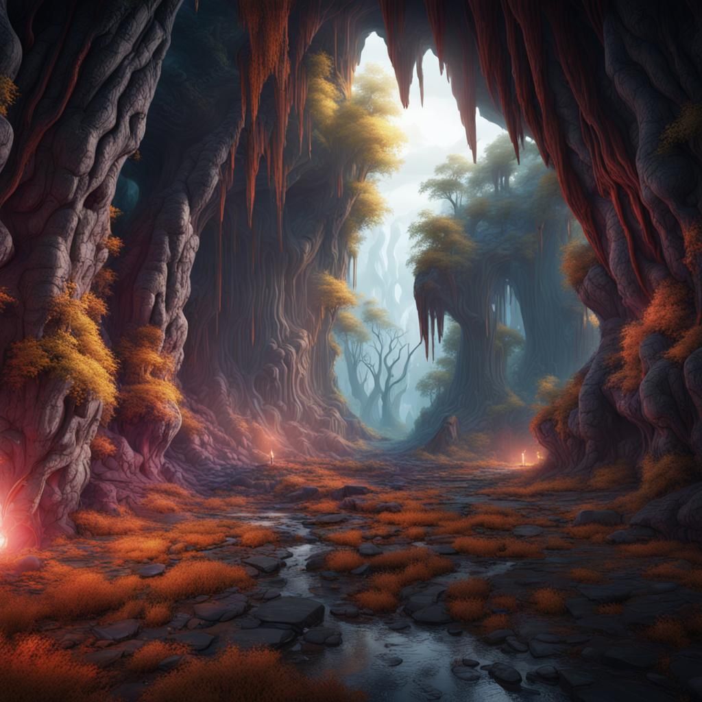 Scary Cave in Colorful Forest: Fantasy Concept Art