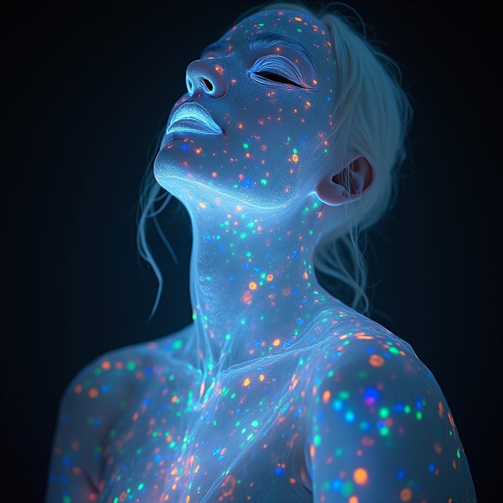Iridescent Bioluminescent Woman Dancing in Laser Light